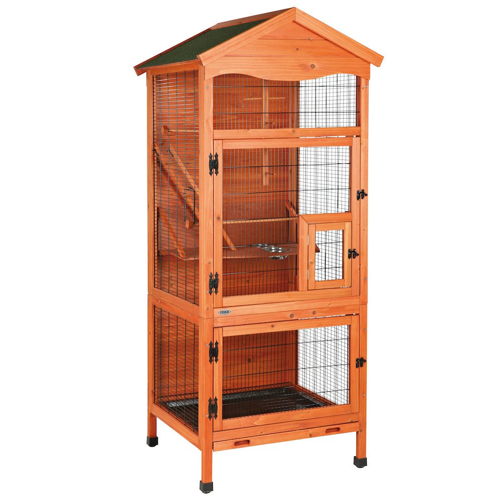 Large 70" Indoor-Outdoor Wooden Birdcage with 3 Front Doors & 2 Perches, Brown