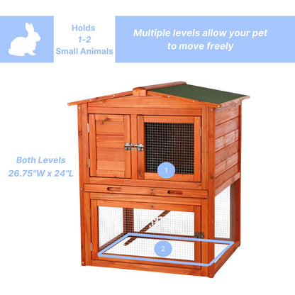 Weatherproof Outdoor 2-Story Wooden Small Animal Hutch with Run & Pull-Out Tray