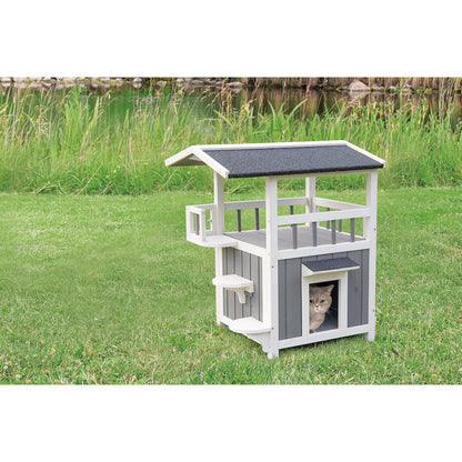 Wooden Outdoor or Indoor Cat House with Shaded Balcony for Small Cats, Gray