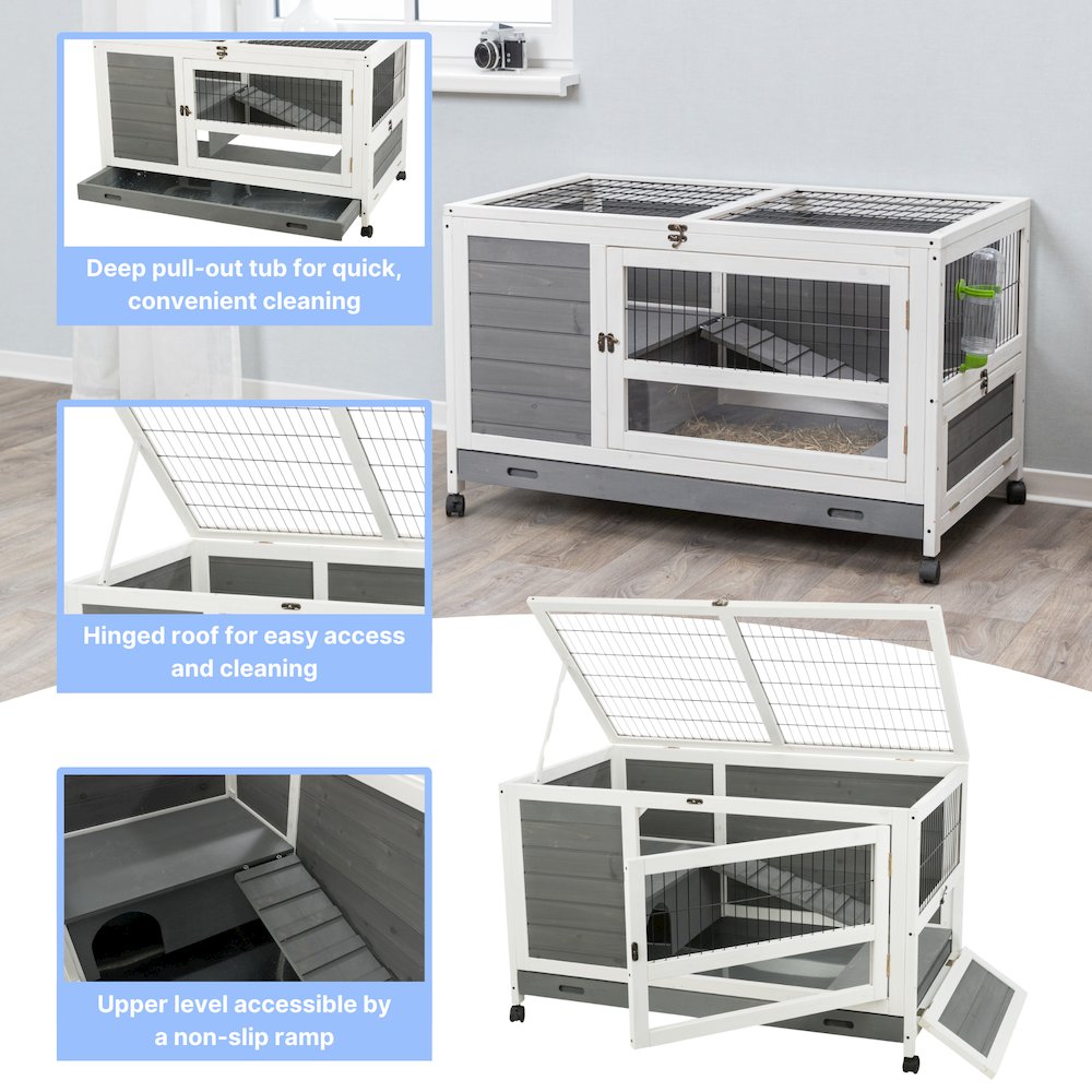 Mobile Indoor 1-Story Wooden Small Animal Cage with Wheels & Pull-Out Tray, Gray