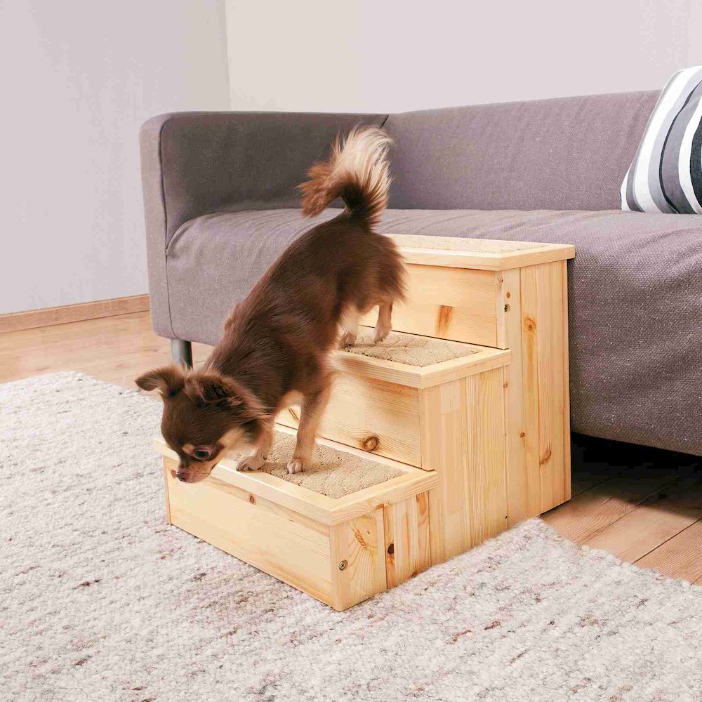 3-Step Wooden Pet Stairs with Storage & Non-Slip Pads, Natural
