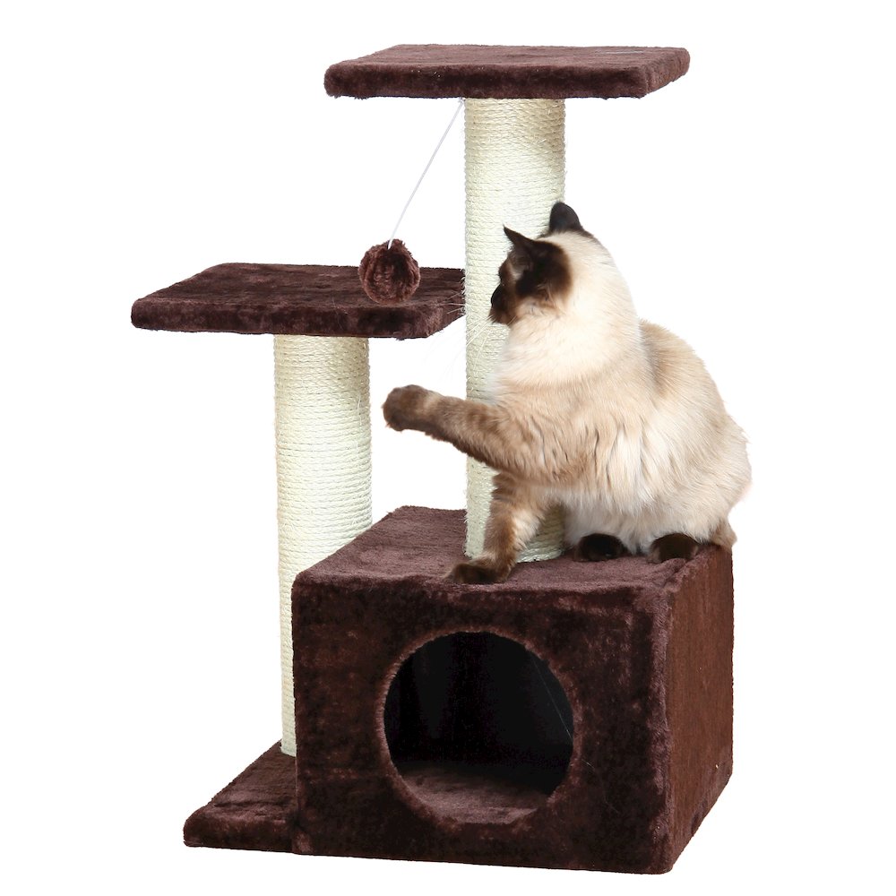 Valencia Plush & Sisal 3-Level 28" Cat Tree with Scratching Posts & Condo, Brown