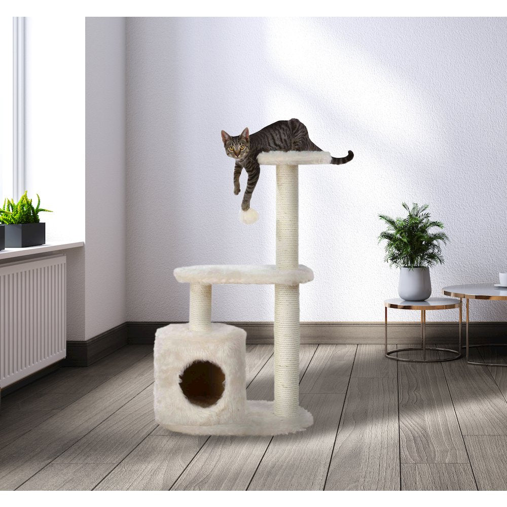 Casta Plush & Sisal 3-Level 37.4" Cat Tree with Scratching Posts & Condo, Cream