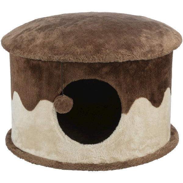 Cozy Plush Cover Indoor Cat Condo with a Cat Toy on String, Brown-Beige
