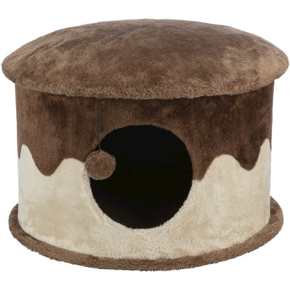 Cozy Plush Cover Indoor Cat Condo with a Cat Toy on String, Brown-Beige