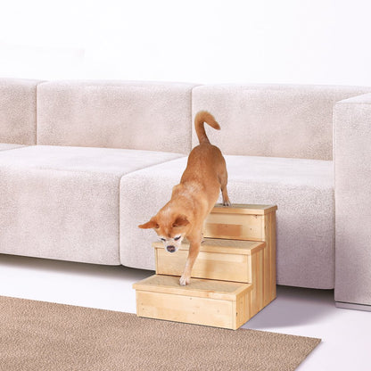 3-Step Wooden Pet Stairs with Storage & Non-Slip Pads, Natural