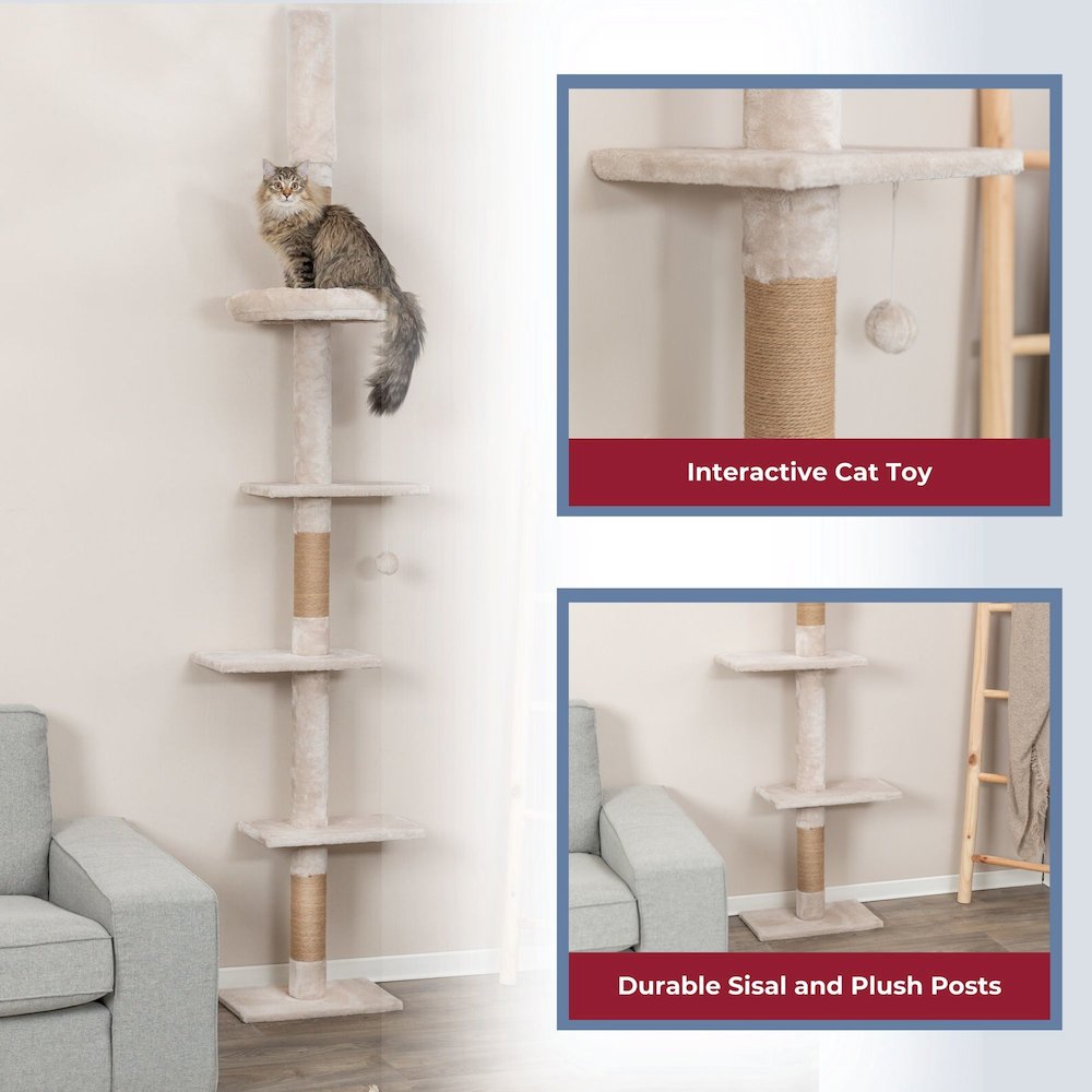 Kobe Sisal & Plush 90.5"-104" Ceiling Mount Cat Tree, 4-Level Cat Tower, Beige