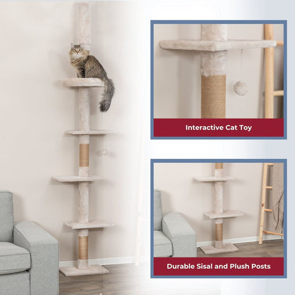 Kobe Sisal & Plush 90.5"-104" Ceiling Mount Cat Tree, 4-Level Cat Tower, Beige