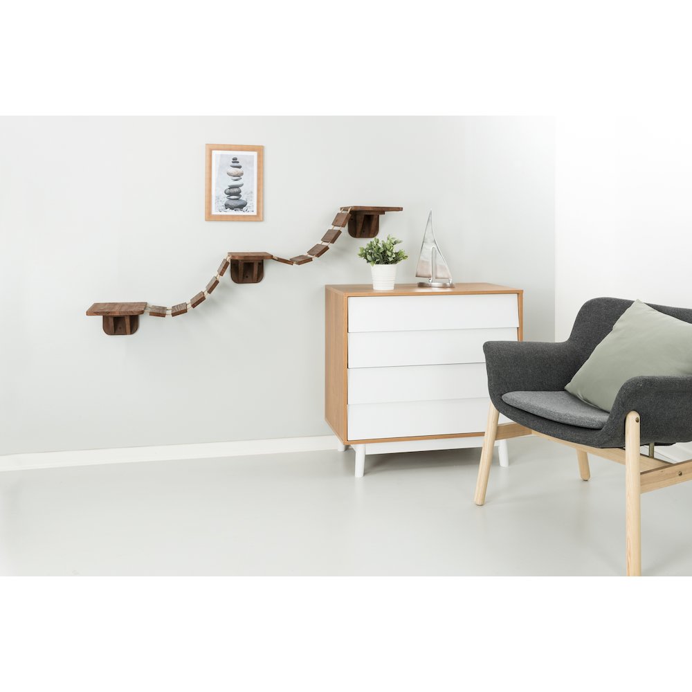 Multi-Level Wall Mounted Cat Perch with Bridge, Espresso Brown