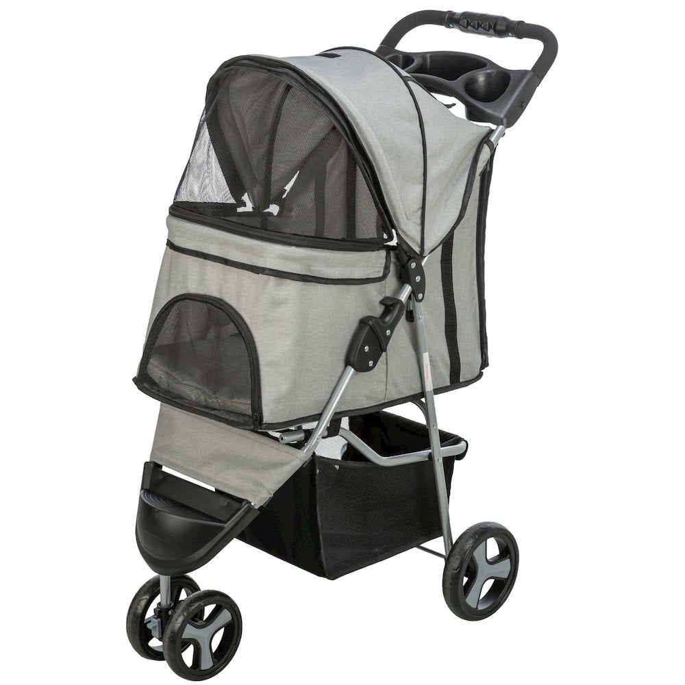3-Wheeled Foldable Dog & Cat Stroller with Canopy and Storage Compartments, Gray