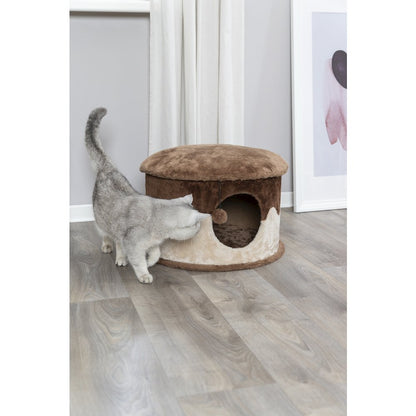 Cozy Plush Cover Indoor Cat Condo with a Cat Toy on String, Brown-Beige