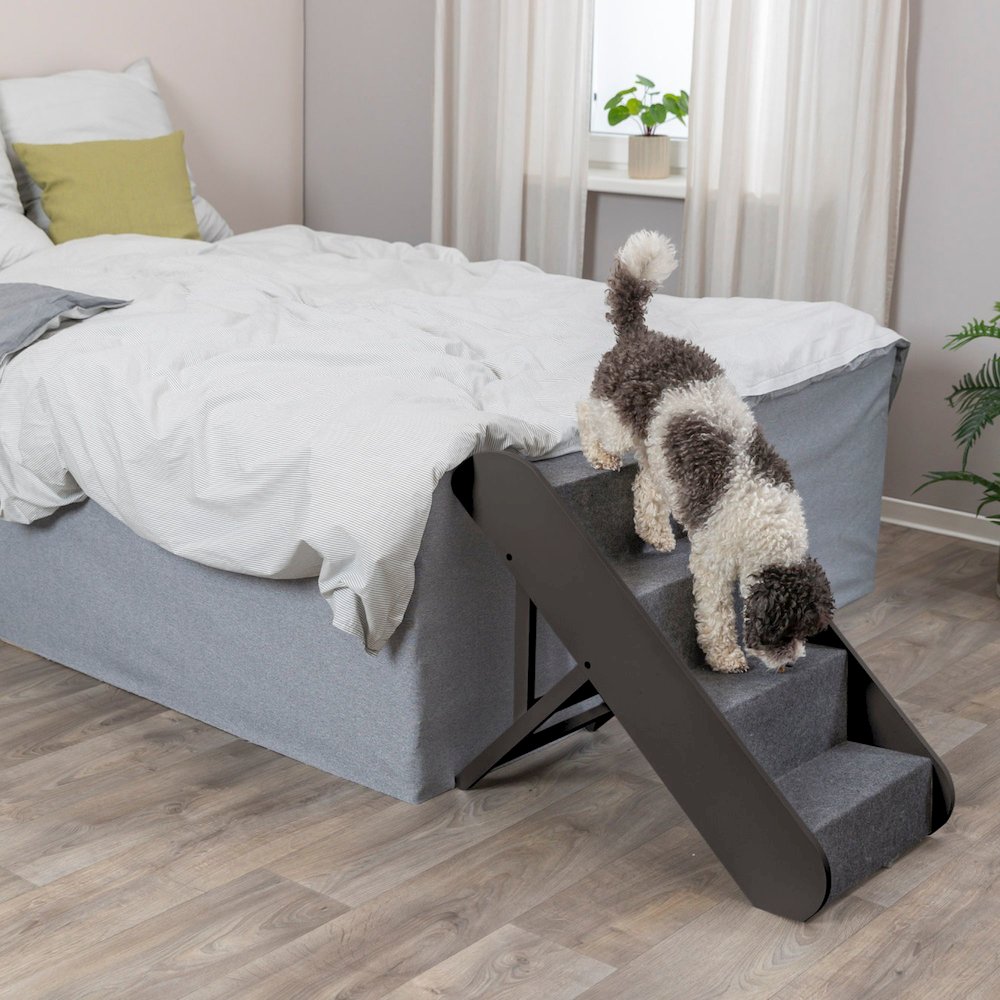 4-Step Wooden Pet Stairs with Adjustable Height and Carpet Treads, Brown