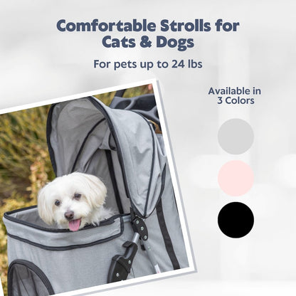 3-Wheeled Foldable Dog & Cat Stroller with Canopy and Storage Compartments, Gray