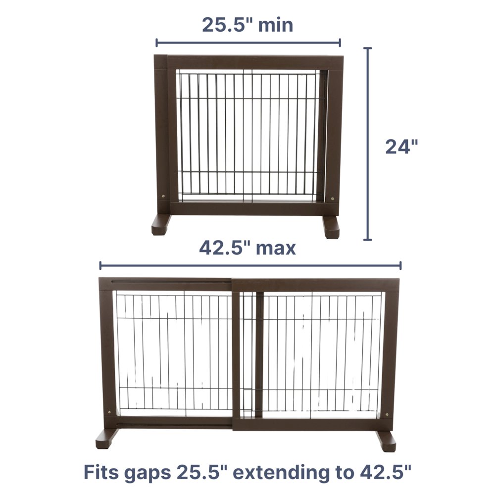 Adjustable Wooden Freestanding Pet Gate, 24" Tall Step Over, Expands to 42.5"