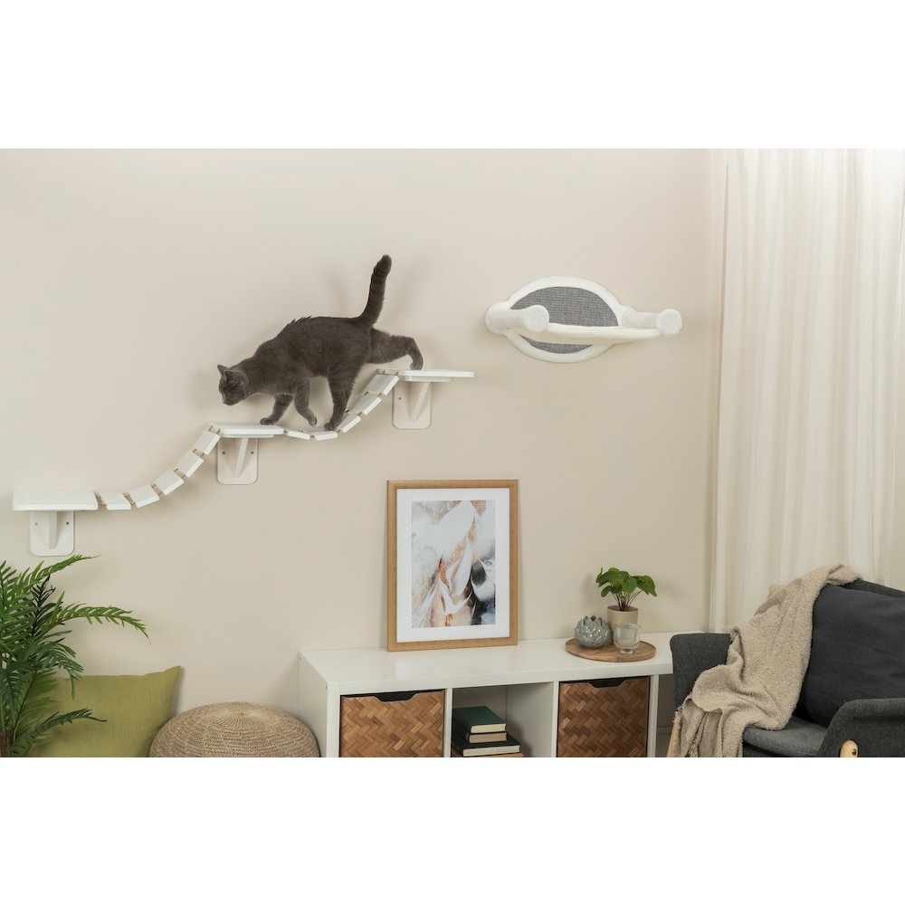 Multi-Level Wall Mounted Cat Perch with Bridge, White