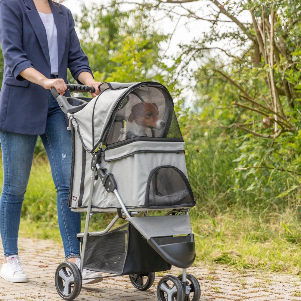 3-Wheeled Foldable Dog & Cat Stroller with Canopy and Storage Compartments, Gray