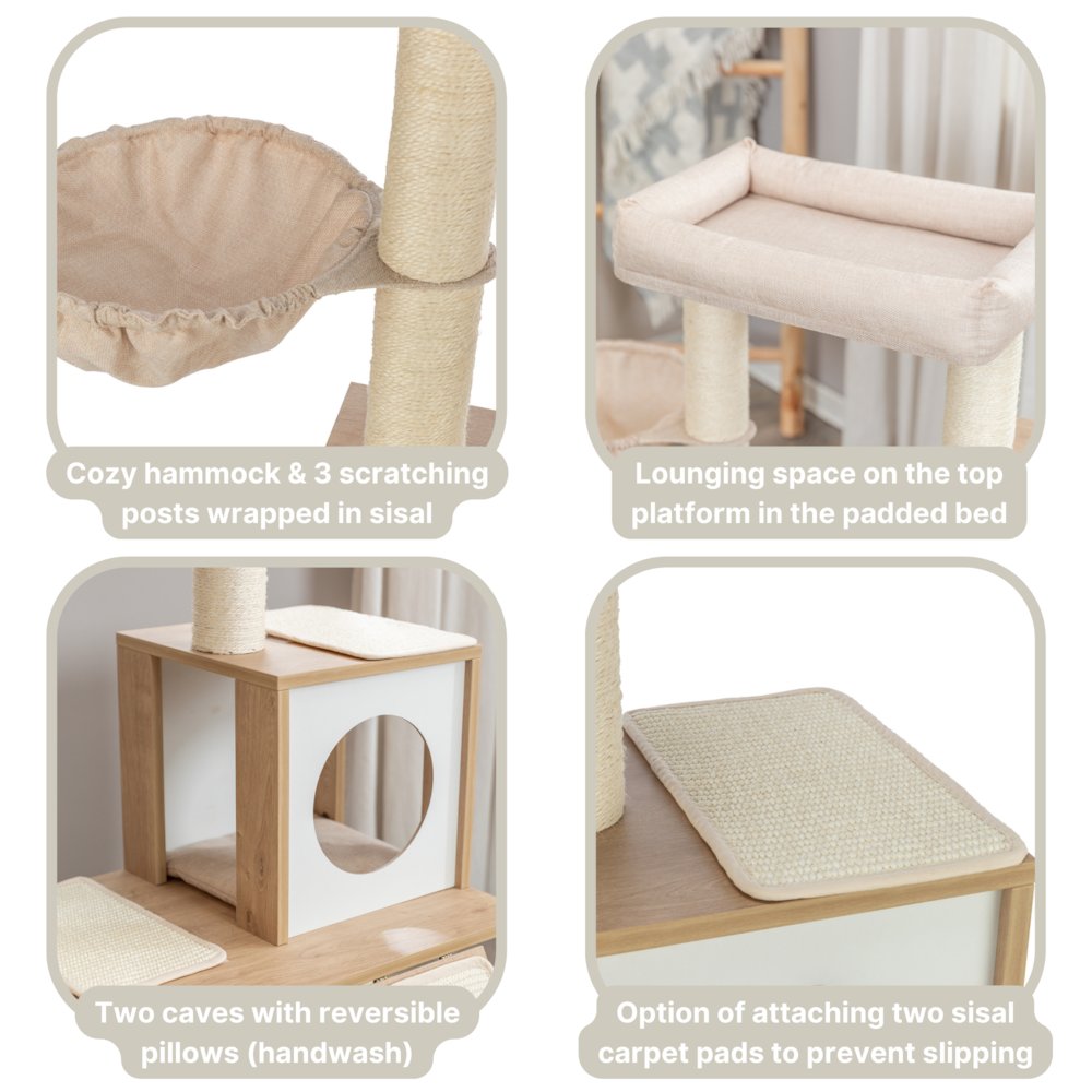 Addison Sisal & Wood 35.5" Cat Tree, Modern Cat Tower, Condos, Hammock, Cozy Bed