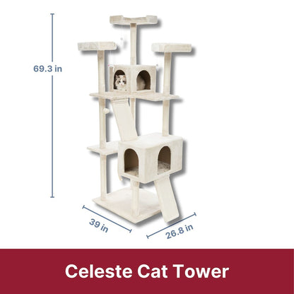 Celeste Plush 4-Level 69" Cat Tree  Sisal Scratching Posts Condo & Cat Toy Cream