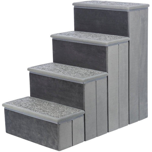 4-Step Foldable Velour Pet Stairs with Storage, Gray