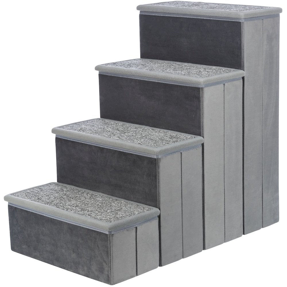 4-Step Foldable Velour Pet Stairs with Storage, Gray