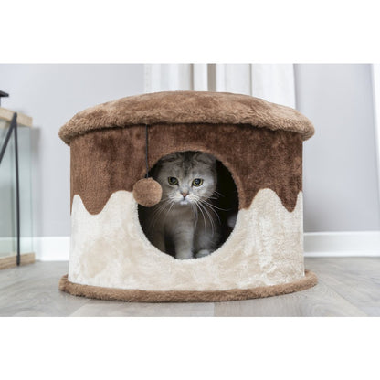 Cozy Plush Cover Indoor Cat Condo with a Cat Toy on String, Brown-Beige