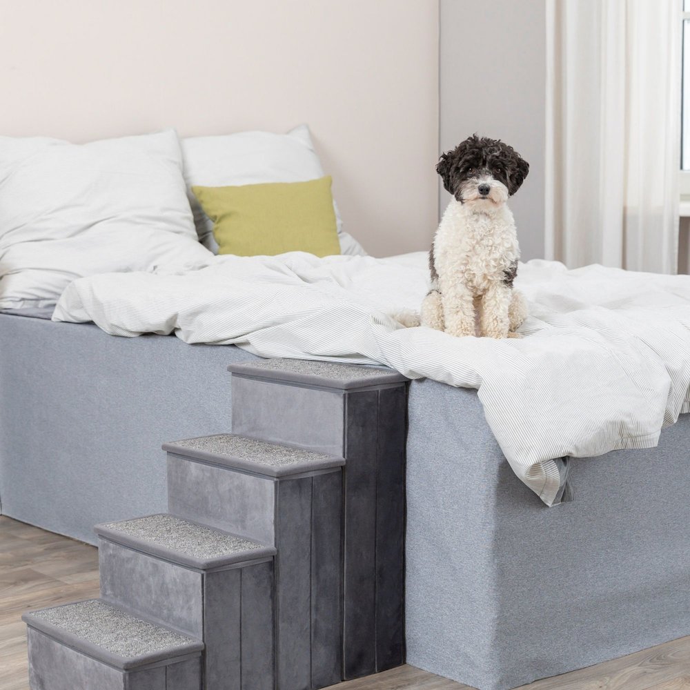 4-Step Foldable Velour Pet Stairs with Storage, Gray