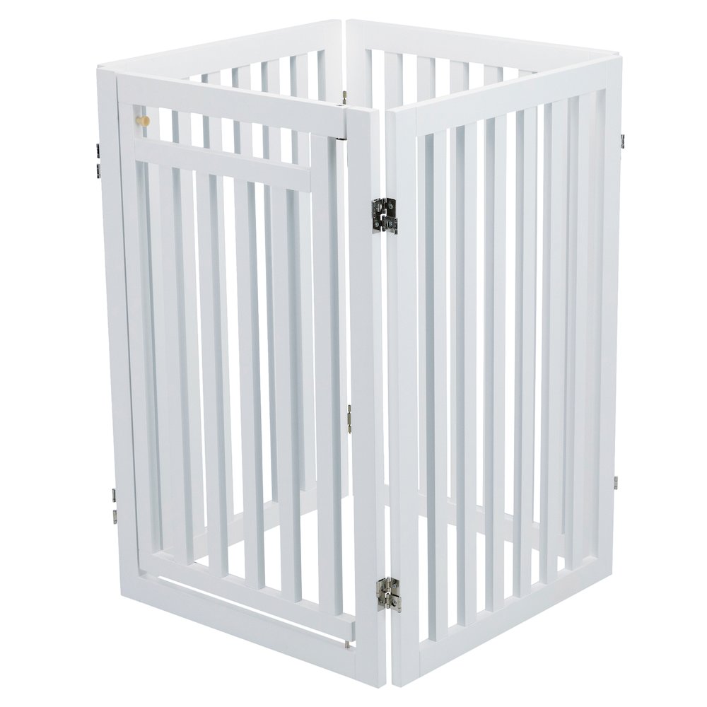 4-Panel Foldable Wood Freestanding Pet Gate, Walk Thru Door, Expands to 80"