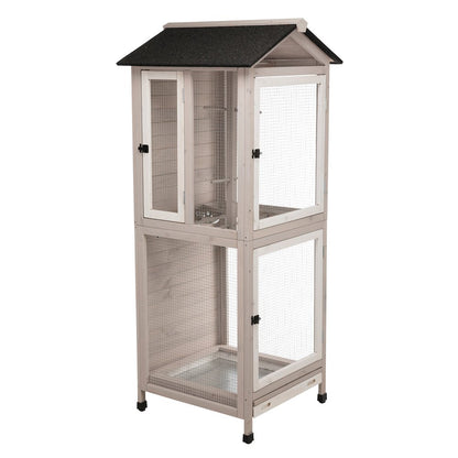 Large 66.5" Indoor-Outdoor Wooden Birdcage with 3 Front Doors & 2 Perches, Gray