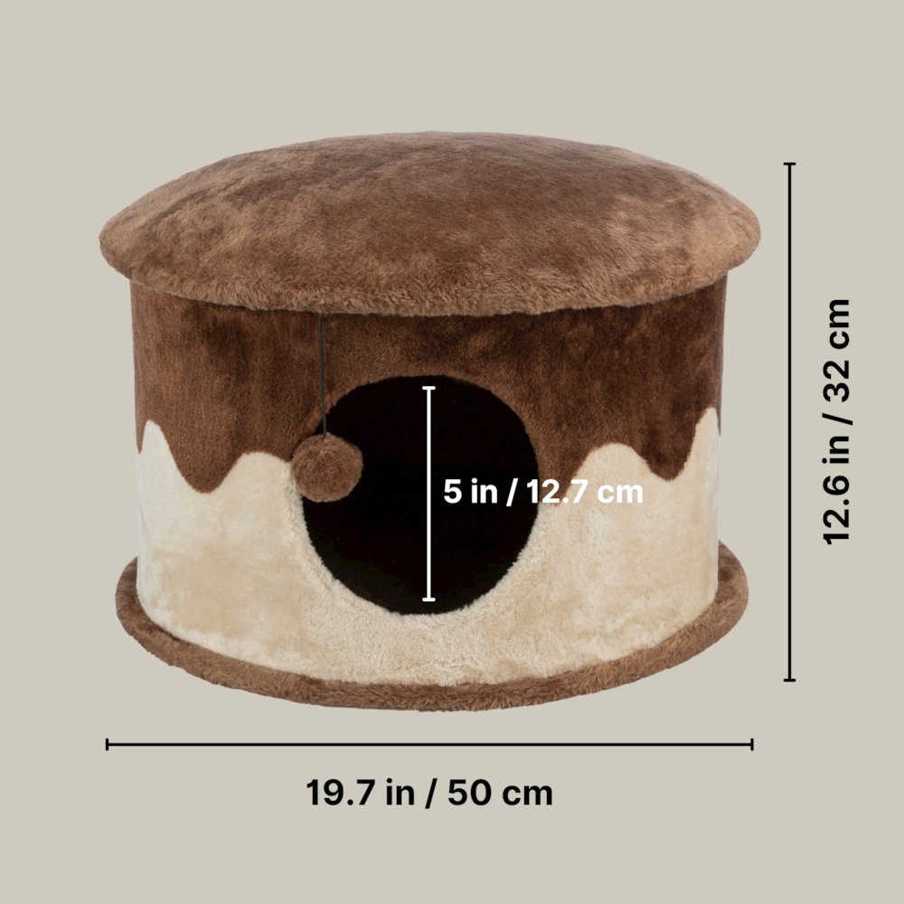 Cozy Plush Cover Indoor Cat Condo with a Cat Toy on String, Brown-Beige