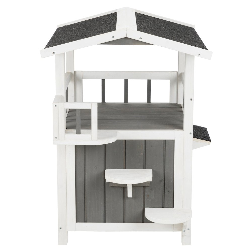 Wooden Outdoor or Indoor Cat House with Shaded Balcony for Small Cats, Gray