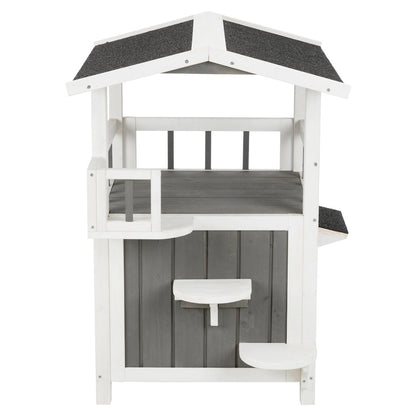 Wooden Outdoor or Indoor Cat House with Shaded Balcony for Small Cats, Gray