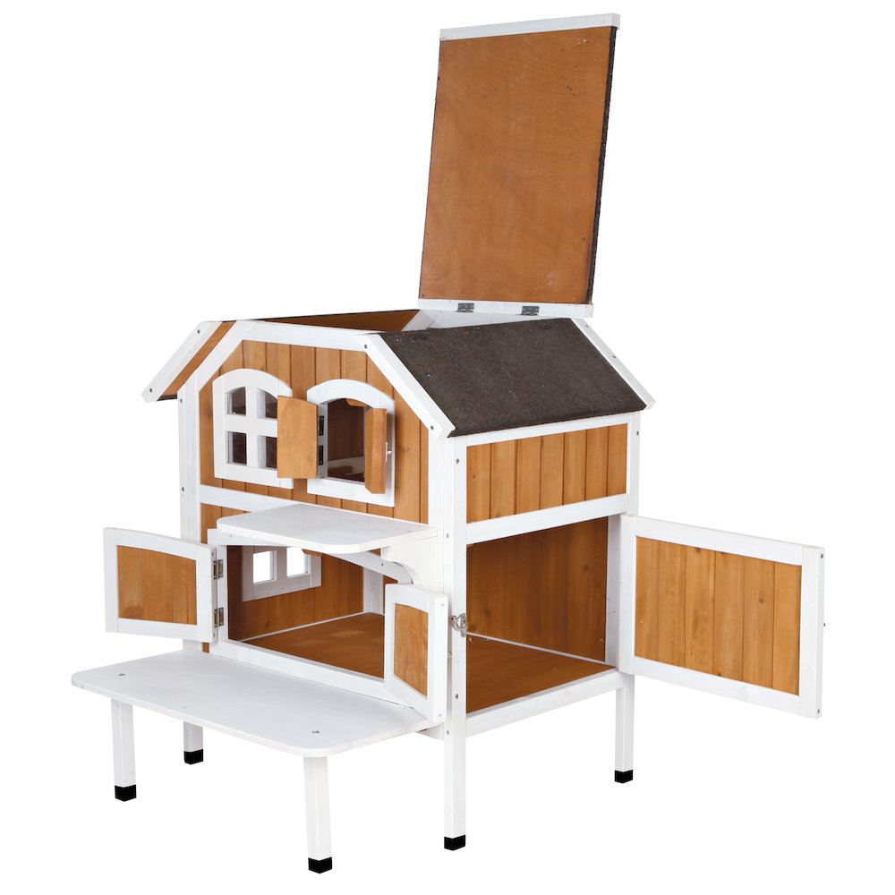 2-Story Weatherproof Elevated Outdoor Cat Retreat with Balcony, Brown