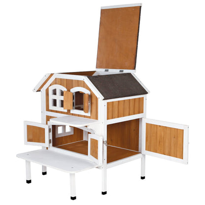 2-Story Weatherproof Elevated Outdoor Cat Retreat with Balcony, Brown