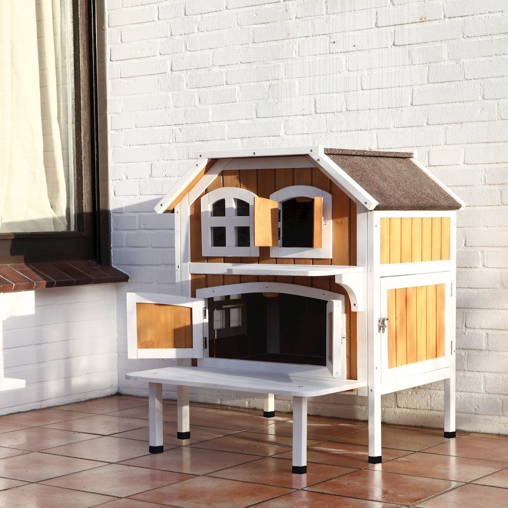 2-Story Weatherproof Elevated Outdoor Cat Retreat with Balcony, Brown