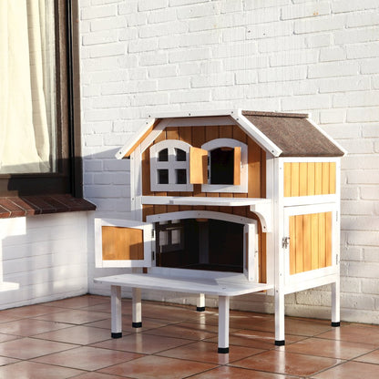 2-Story Weatherproof Elevated Outdoor Cat Retreat with Balcony, Brown