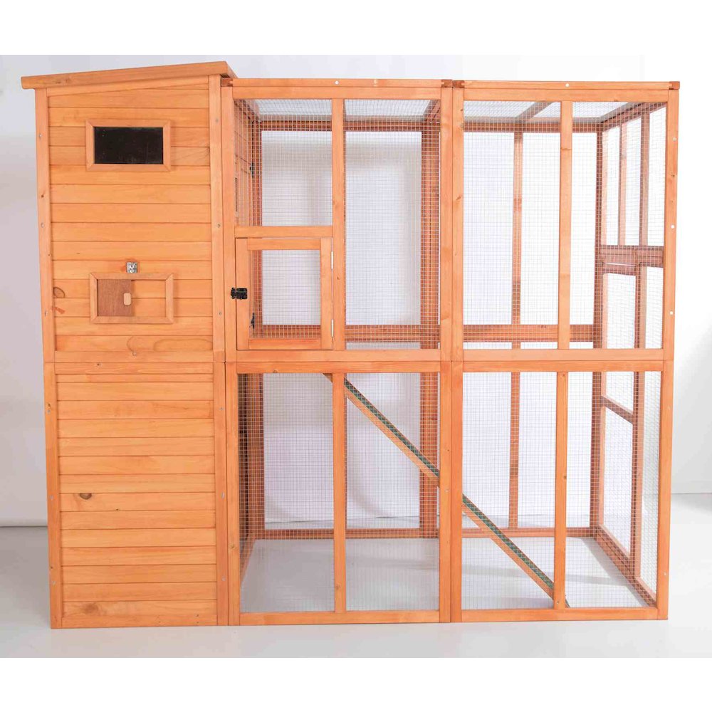 Weatherproof Wooden Cattery with Cat House and Run,37.4L x 76.8W x 68.9H, Brown