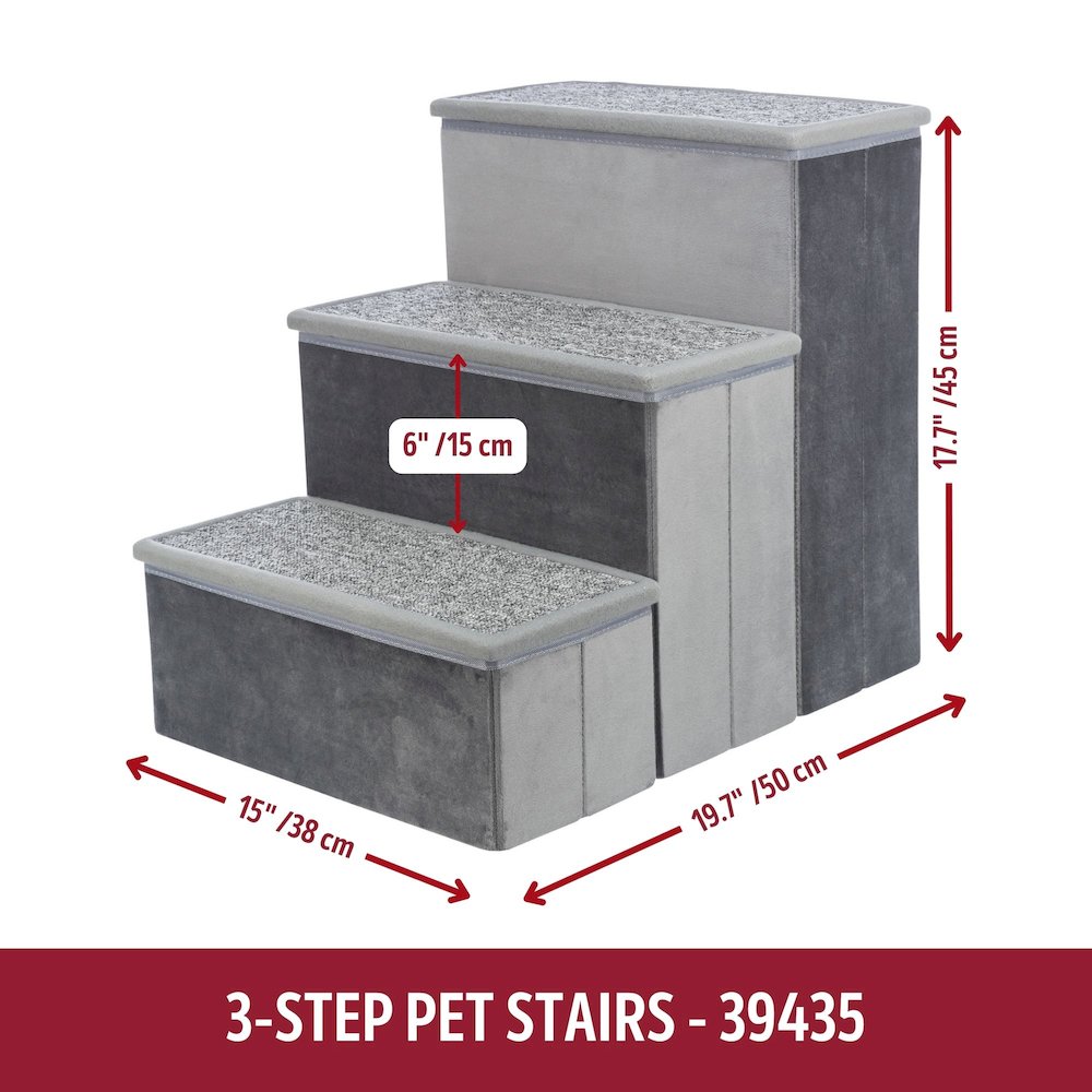 3-Step Foldable Velour Pet Stairs with Storage, Gray