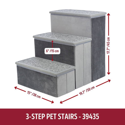 3-Step Foldable Velour Pet Stairs with Storage, Gray