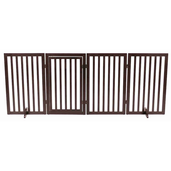 4-Panel Convertible Wooden 80" Freestanding Pet Gate - Pen with Pet Door, Brown