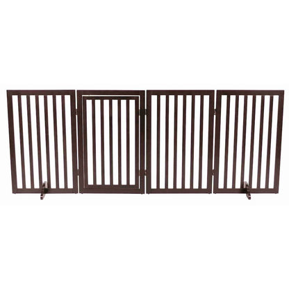4-Panel Convertible Wooden 80" Freestanding Pet Gate - Pen with Pet Door, Brown