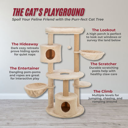 Anna Jute 50" Cat Tree Scratching Posts Condos Hammocks Perches Cat Toy, Beige