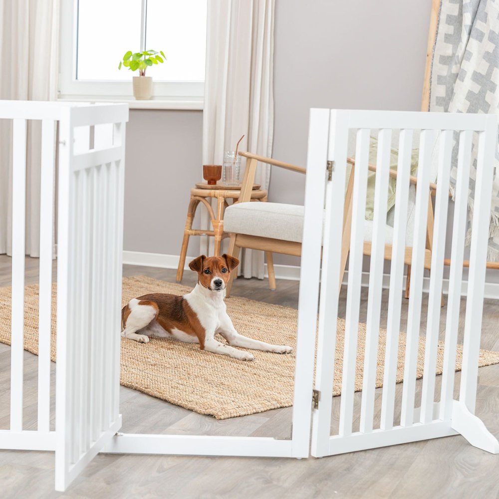 4-Panel Foldable Wood Freestanding Pet Gate, Walk Thru Door, Expands to 80"