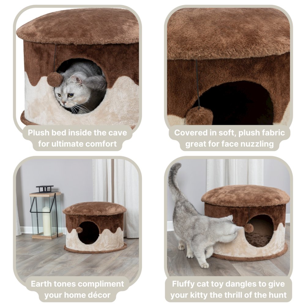 Cozy Plush Cover Indoor Cat Condo with a Cat Toy on String, Brown-Beige