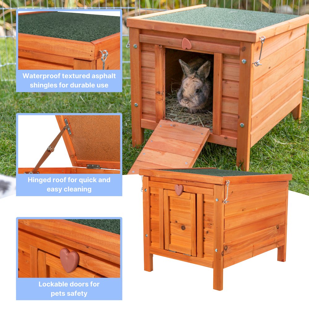Outdoor Wooden Small Animal Home with Hinged Roof, Raised Floor for Rabbits