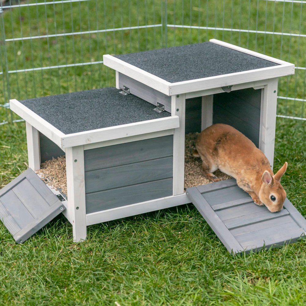 Weatherproof Outdoor Elevated Wooden Small Animal House with Hinged Roof, Gray