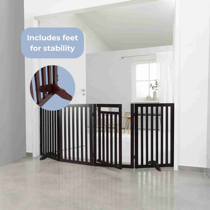 4-Panel Foldable Wood Freestanding Pet Gate, Walk Thru Door, Expands to 80"