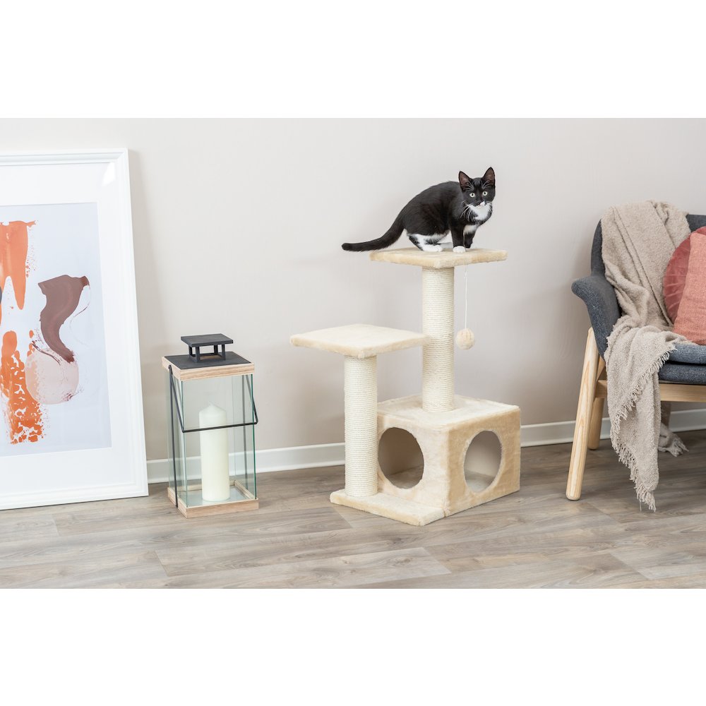 Valencia Plush & Sisal 3-Level 28" Cat Tree with Scratching Posts & Condo, Beige