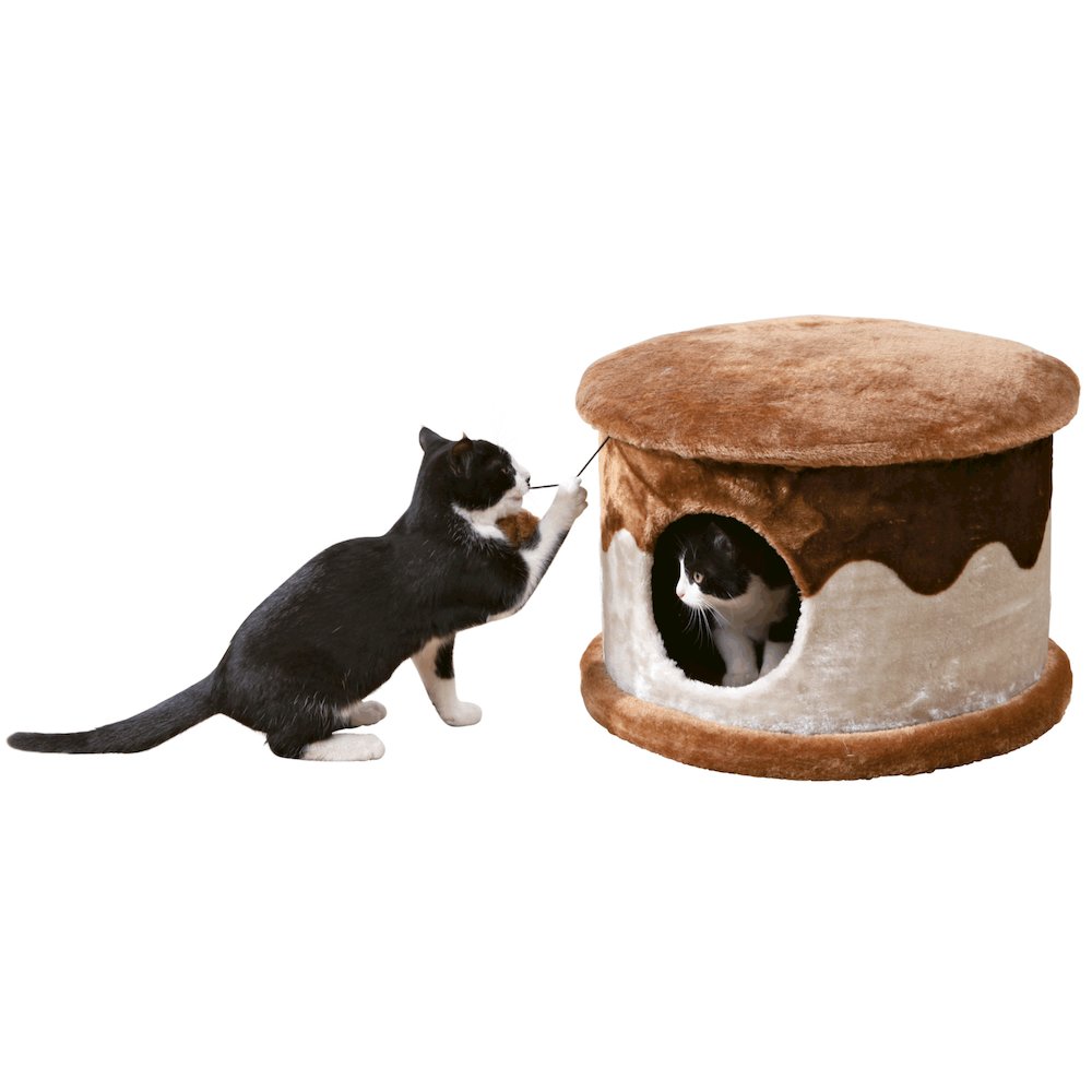 Cozy Plush Cover Indoor Cat Condo with a Cat Toy on String, Brown-Beige