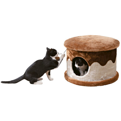 Cozy Plush Cover Indoor Cat Condo with a Cat Toy on String, Brown-Beige
