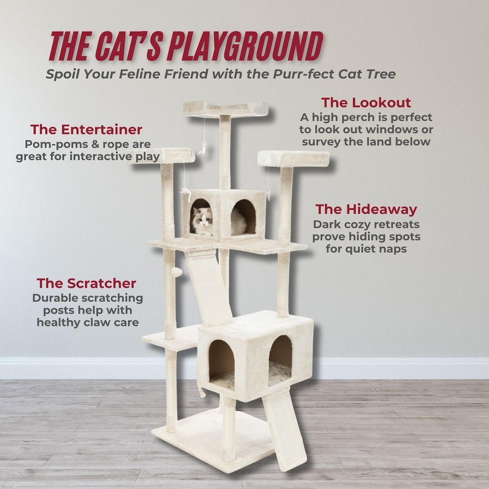 Celeste Plush 4-Level 69" Cat Tree  Sisal Scratching Posts Condo & Cat Toy Cream